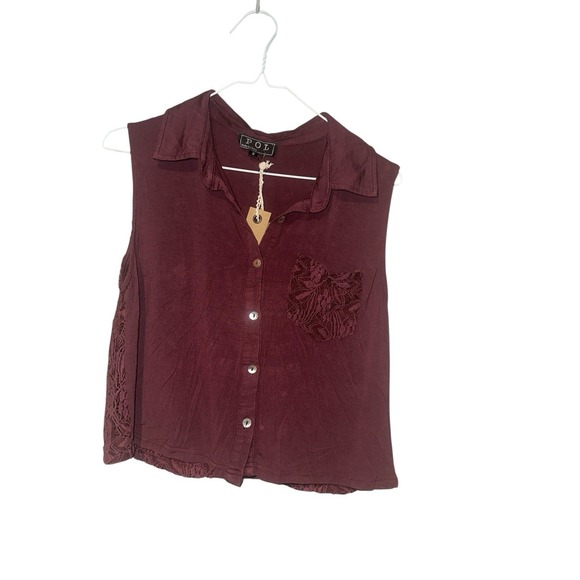 Pol Burgundy Crop‎ Sleeveless Top With Lace Back And Front Pocket Size Small - Picture 3 of 11